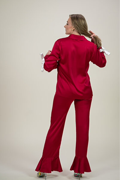 twc_The White Coats Elegant Premium Red Satin Pajamas with Ruffles and Bows – 2 Piece Set, Decorated Cuffs