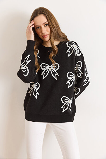 Olalook Women's Black Bow Detailed Oversized Knitwear Sweater Kzk-19000971