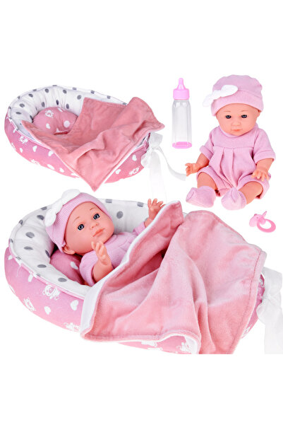 Jokomisiada Set Papusica bebe cu suport de dormit tip babynest, paturica si a...