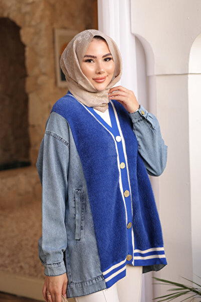 İmajButik μπλε κοβαλτίου Μπλε τζιν συνδυασμός υφασμάτων Μαλακή ζακέτα Angora