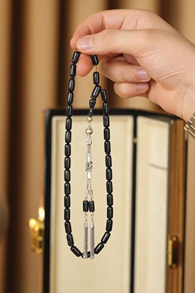 dergah tesbih Harmony Series Silver Design Black Fire-I Crimped Amber Prayer Beads