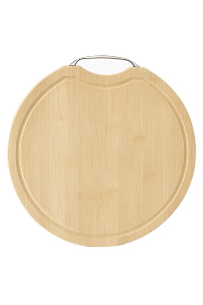 PUFO thick kitchen chopping board made of bamboo wood with metal handle, round, brown, 36 cm