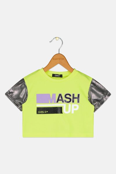 Overkids بلوزة بأكمام قصيرة بطبعة جرافيكية للبنات الصغار، لون أخضر ليموني