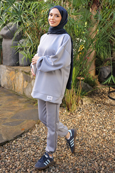 İmajButik Gray Embroidered Tunic Trouser Suit