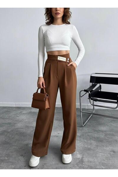 HA-KA GİYİM Women's Imported Doubleface Palazzo Pants with Belt Detail, Pleated, High-Quality Product, Does Not Fade