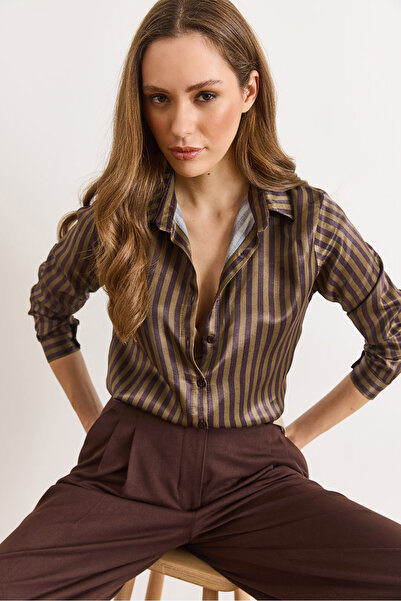 Olalook Γυναικείο πουκάμισο με ρίγες από σατέν χακί μελιτζάνας GML-19001388