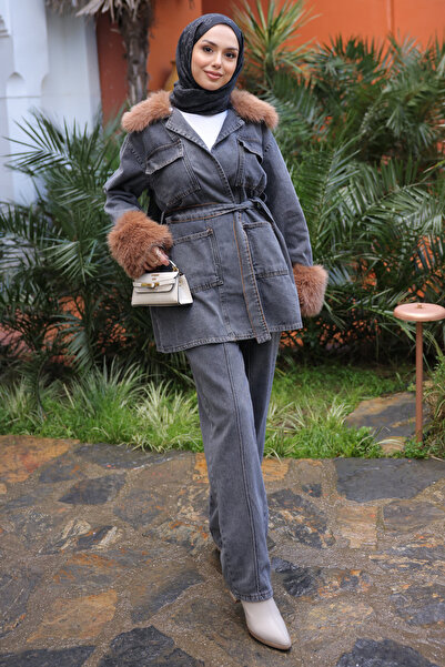 İmajButik Smoked Collar Fur Denim Jacket Trouser Suit