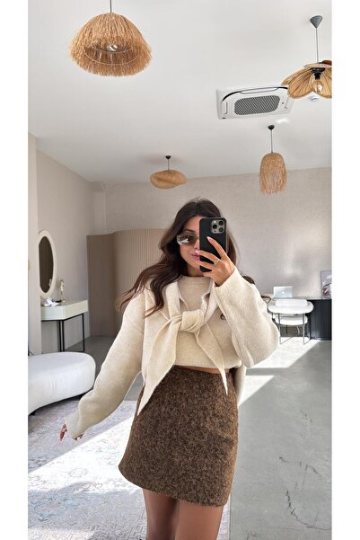 Buket Teke Brown Cashmere Lined Mini Skirt