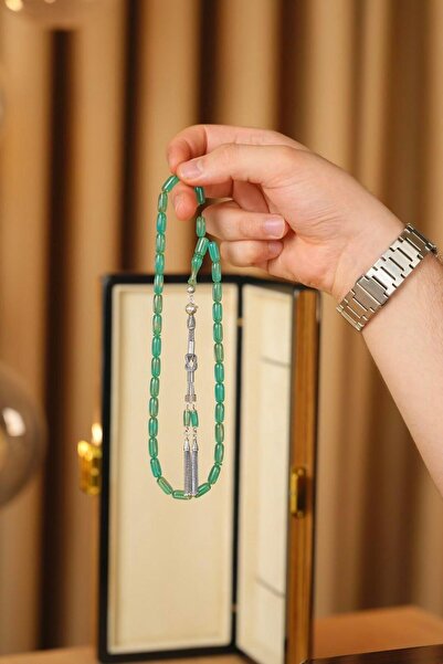 dergah tesbih Harmony Series Silver Design Water Green Fire-I Crimped Amber Prayer Beads