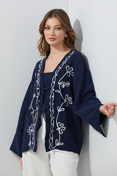 Fulla Moda Вишитий кімоно з шнурівкою спереду, що виглядає як льон