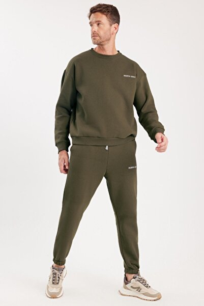 Tudors Ανδρικό σετ αθλητικής φόρμας Relax Fit από βαμβακερό 3 νήματα με μαλακή υφή με φλις εσωτερικά και λαιμόκοψη χακί