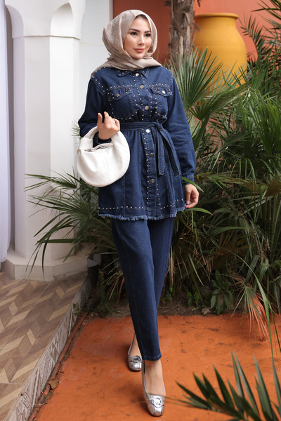 İmajButik Navy Blue Stone Embroidered Jacket and Trousers Denim Suit