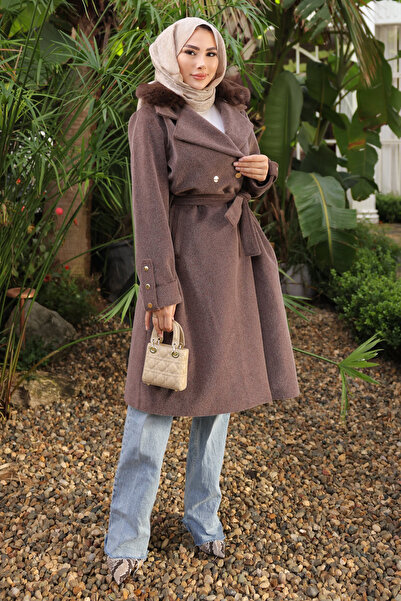 İmajButik Καφέ γούνινο παλτό ανγκόρα με γιακά