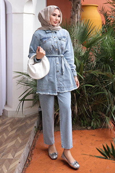 İmajButik Blue Stone Embroidered Jacket and Trousers Denim Suit