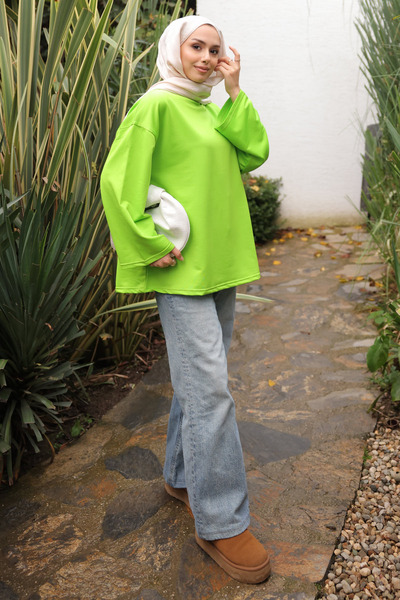 İmajButik Νέον Πράσινο Φούτερ με λαιμόκοψη oversized από χτενισμένο βαμβάκι