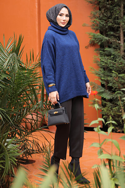 İmajButik Πλεκτό πουλόβερ με ζιβάγκο σε μπλε ναυτικό χρώμα