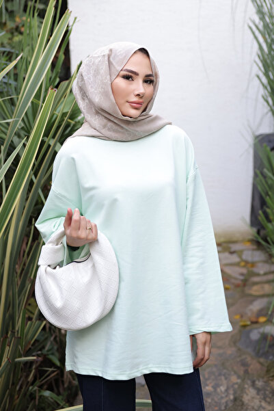 İmajButik Ανοιχτό πράσινο πουλόβερ με λαιμόκοψη oversized με δύο κλωστές