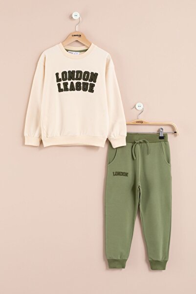 Cansın Mini Χακί Κεντημένο με Κεντήματα Αγορικό Σετ Φόρμας με λαιμόκοψη 23396