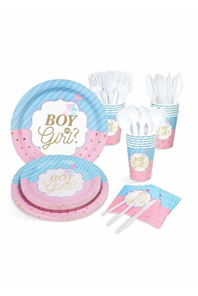 MAKINGTEC Baby Gender Reveal Party Supplies Kit - Paper Plates, Cups, Napkins & Cutlery (112 pcs)