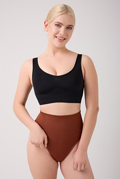 MİSTİRİK Montela Model Corseted Belly and Abdomen Tightening Thong Panties Coffee Color