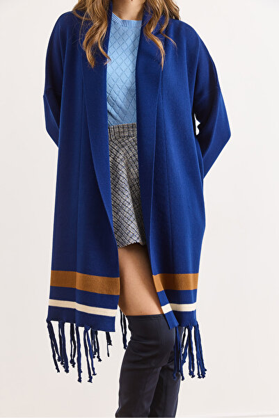 Olalook Women's Navy Blue Fringed Slit Shawl Collar Knitwear Cardigan Hrk-19000447