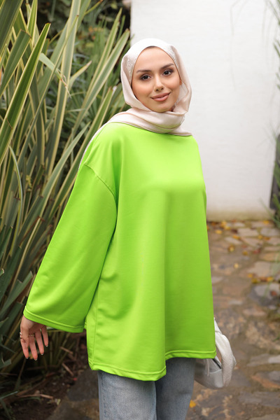 İmajButik Νέον Πράσινο Φούτερ με λαιμόκοψη oversized από χτενισμένο βαμβάκι