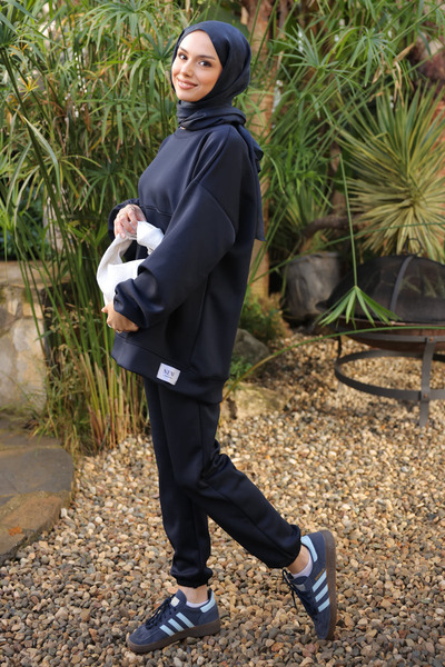 İmajButik Dark Navy Blue Embroidered Tunic Trouser Suit