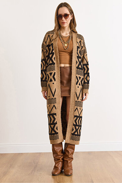 Olalook Women's Camel Ethnic Pattern Soft Textured Long Knitwear Cardigan Hrk-19000421