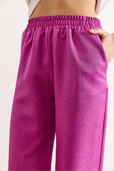 Olalook Women's Fuchsia Waistband Pocketed Wool Effect Wide Leg Winter Trousers Pnt-19000383