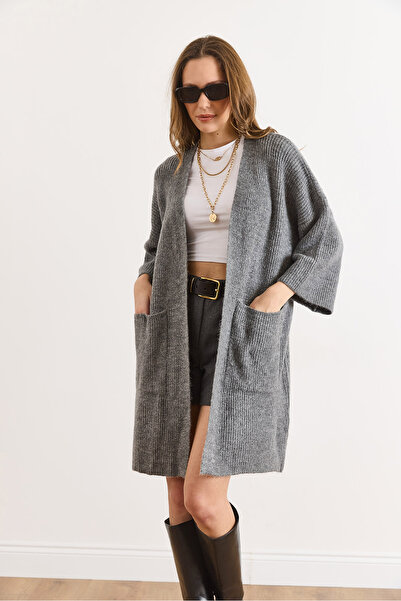 Olalook Women's Smoked Soft Textured Pocketed Knitwear Cardigan Hrk-19000424