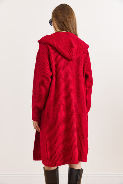 Olalook Women's Red Hooded Pocket Soft Textured Thick Cardigan Hrk-19000416