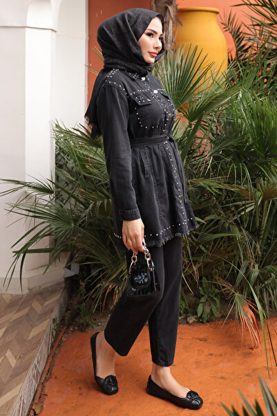 İmajButik Black Stone Embroidered Jacket and Pants Denim Suit