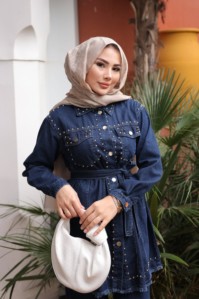 İmajButik Navy Blue Stone Embroidered Jacket and Trousers Denim Suit