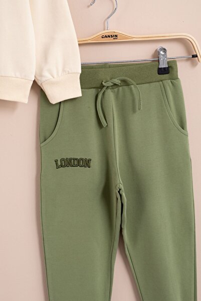 Cansın Mini Χακί Κεντημένο με Κεντήματα Αγορικό Σετ Φόρμας με λαιμόκοψη 23396