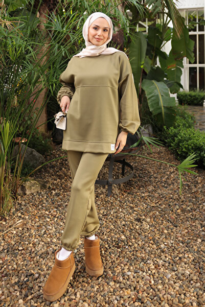 İmajButik Khaki Embroidered Tunic and Pants Set