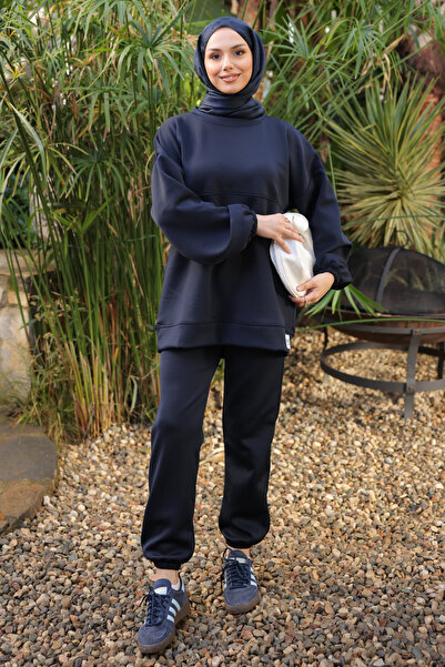 İmajButik Dark Navy Blue Embroidered Tunic Trouser Suit