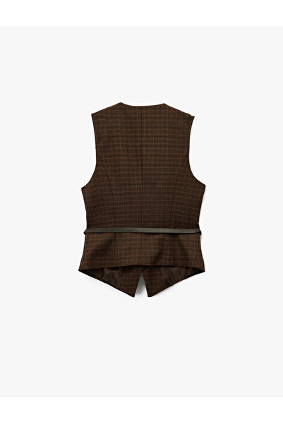 Koton Buttoned Sleeveless V-Neck Belt Detailed Plaid Vest