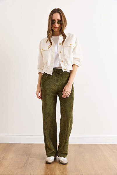 Olalook Women's Khaki Velvet Pocketed Elastic Waist Thick Corded Fabric Wide Leg Pants Pnt-19000387