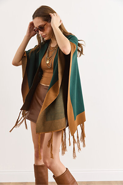 Olalook Women's Emerald Green Color Block Poncho Cardigan Hrk-19000423