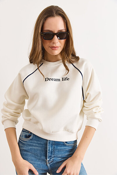 Olalook Γυναικείο φούτερ με λευκό μανίκι Reglan διακοσμητικό ρέλι επένδυση fleece SWT-19000790