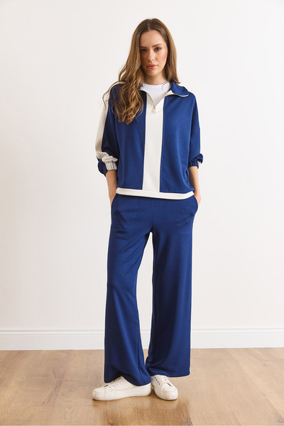 Olalook Women's Navy Blue Striped Detail Modal Buttoned Suit Tkm-19000467