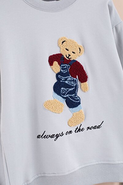 Cansın Mini Gray Teddy Bear Embroidered Boys' Tracksuit Set 2 Pieces 23395