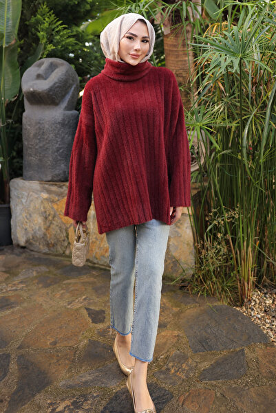 İmajButik Σκούρο μπορντό ζιβάγκο casual από μαλακό πλεκτό τούνικ από ανγκόρα