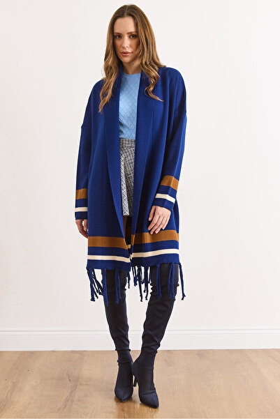 Olalook Women's Navy Blue Fringed Slit Shawl Collar Knitwear Cardigan Hrk-19000447