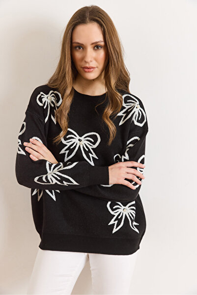 Olalook Women's Black Bow Detailed Oversized Knitwear Sweater Kzk-19000971
