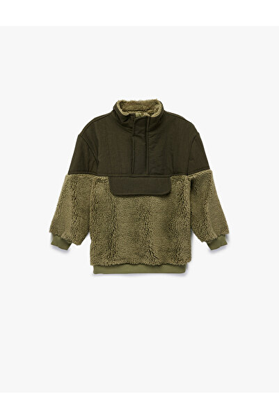 Koton Mock Neck Long Sleeve Kangaroo Plush Coat with Fabric Detailing