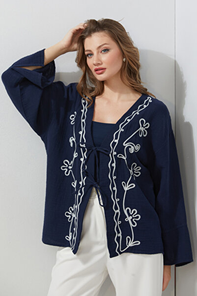 Fulla Moda Вишитий кімоно з шнурівкою спереду, що виглядає як льон