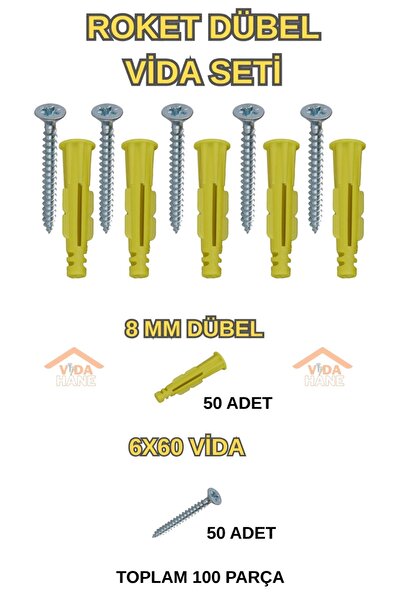 Std VİDA HANE 6X60 ROKET DÜBELLİ SUNTA VİDASI SETİ -100 PARÇA