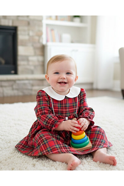 My Lusa Baby Defne 2 Series Girls' Plaid Dress – Cotton Ruffled Collar Baby Dress 9-24 Months