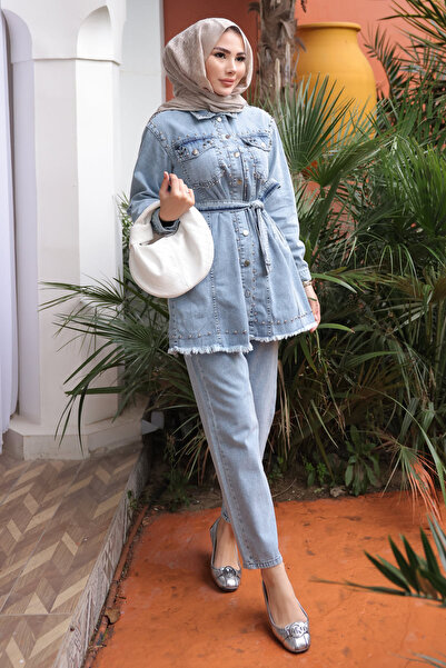 İmajButik Blue Stone Embroidered Jacket and Trousers Denim Suit